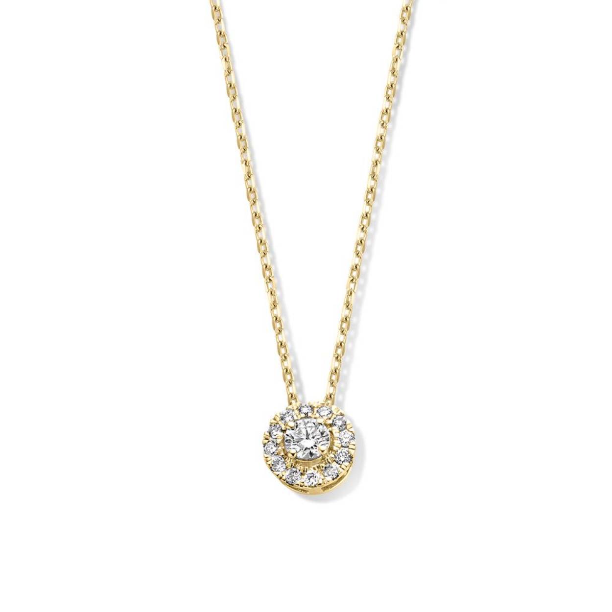 18 Karaat geel gouden Aurore collier met 0.20 crt Lab-Grown Diamonds. Model Emma.
Emma is een serie schitterende sieraden met entourage zetting. De ronde middensteen (briljant geslepen) wordt hierbij omringd door kleinere briljanten. Kies zelf de gewenste steengrootte van jouw diamant. De Emma hanger is in verschillende maten beschikbaar.
Het Emma collier heeft naast de gouden zetting met diamant een prachtig geelgouden ankercollier. Deze schakel is niet alleen mooi in haar eenvoud, maar bovendien erg sterk. 
Collier Emma is onderdeel van een set, in onze collectie zijn bijpassende oorbellen en een ring te vinden. 
Op de foto's is collier Emma met 0,20 crt. de bovenste van de twee.