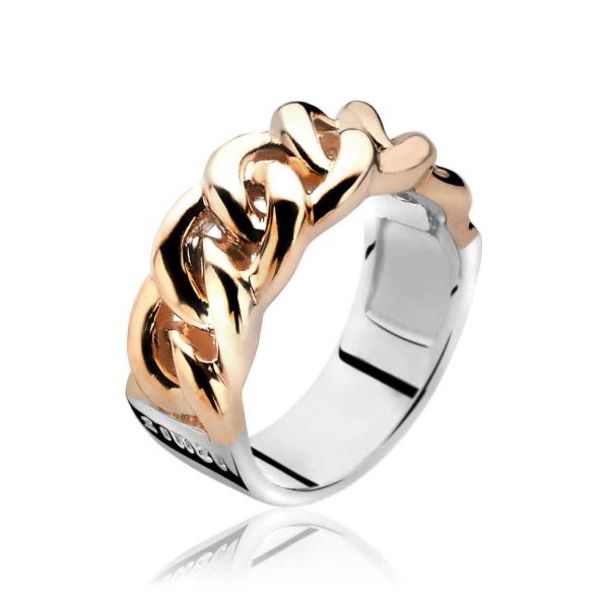 ZINZI CHAIN zilveren ring met brede stoere gourmet schakel. Deze schakel is rosé verguld. Op de zijkant van de ring staat mooi ZINZI gegraveerd.