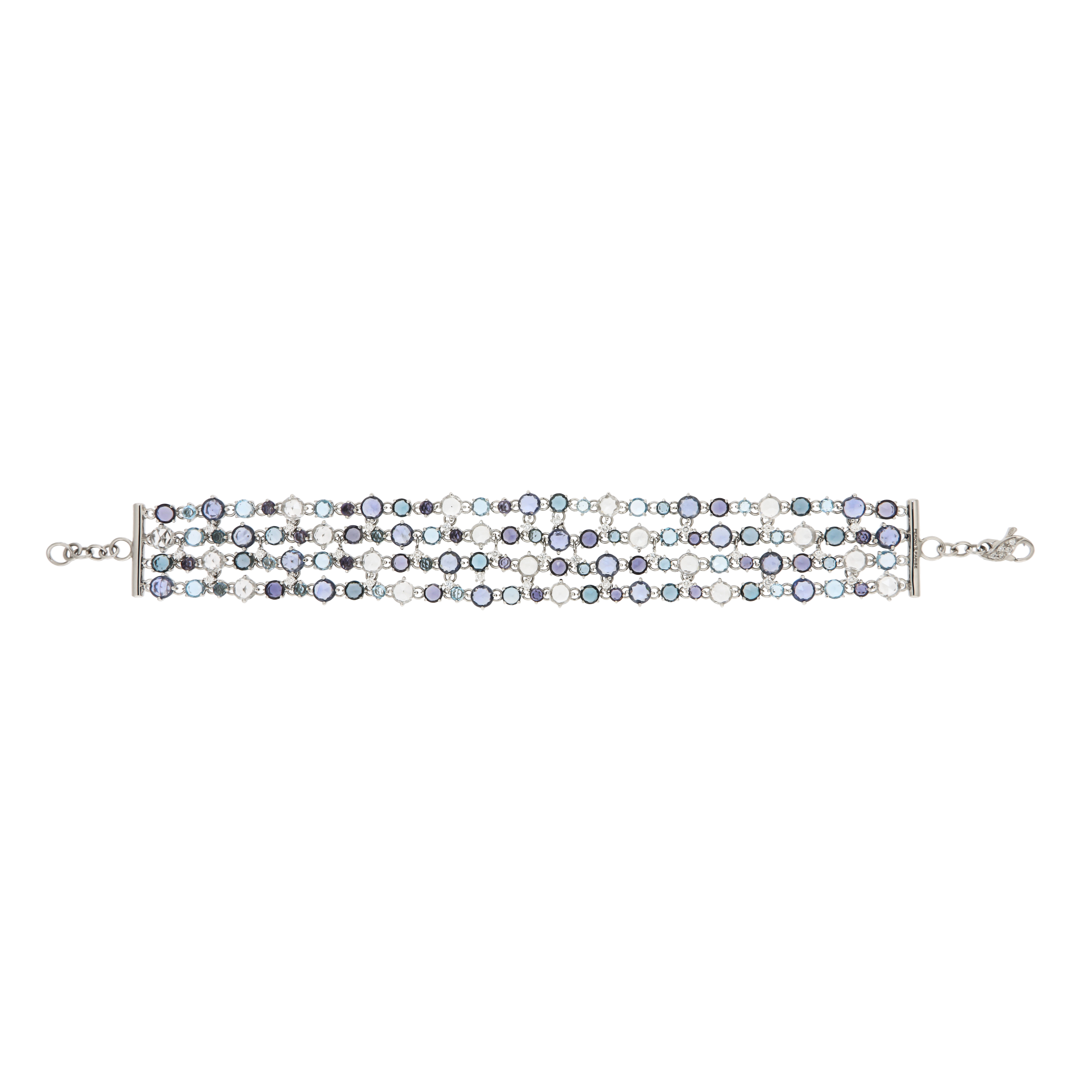BRACELET OR BLANC 18K 
AVEC SAPHIRS BLEU ET BLANC 10,22ct, DIAMANTS 0,77GVS1
,IOLITE ET LONDON BLUE TOPAZE