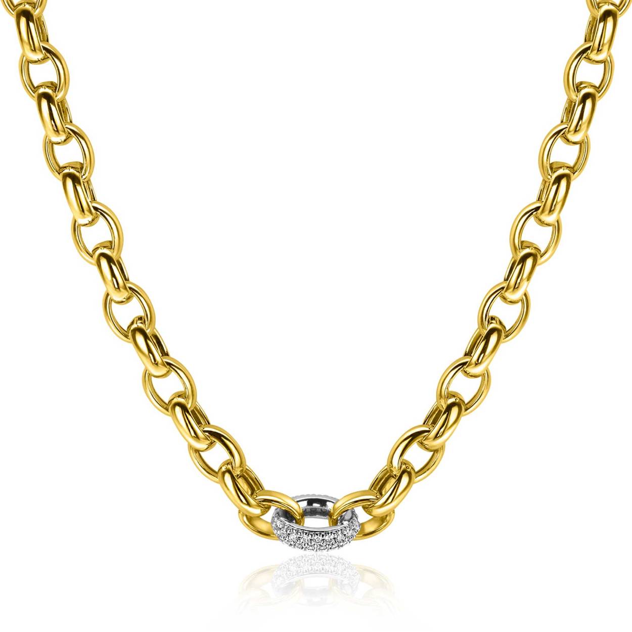 ZINZI gold plated zilveren schakelketting, waarbij een sierlijke schakel in het midden vol bezet is met witte zirkonia's. De stoere schakel is 6mm breed en de lengte van de ketting is 45cm. De ketting is vervaardigd van eerste gehalte zilver (925) en extra geel verguld.