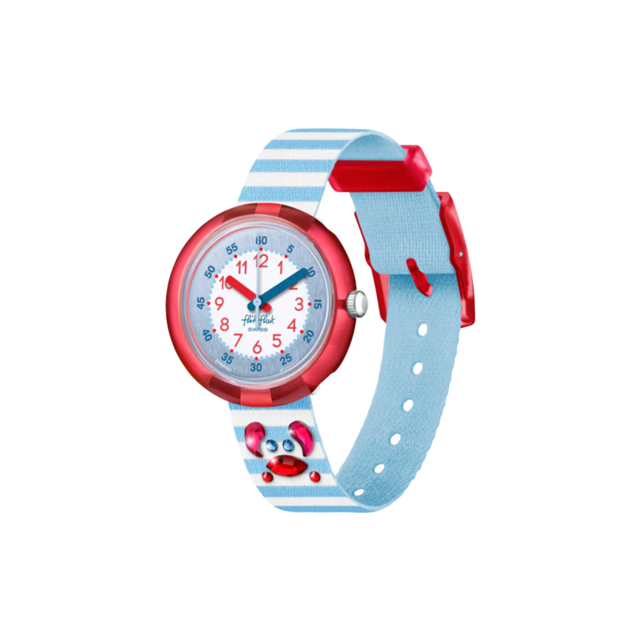 GLANZENDE KRAB! Het educatieve kinderhorloge met bijzondere kristalstenen gerangschikt in een schattig krabdessin. Het perfecte cadeau voor zeeminnende kinderen om te leren hoe laat het is.