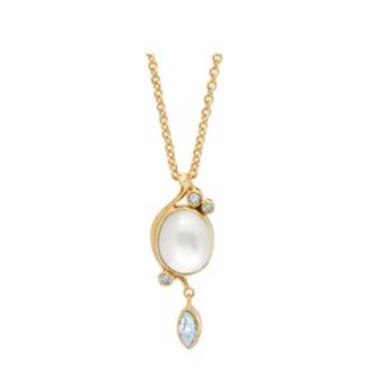 Deze geel goud vergulde zilveren ketting kan gedragen worden op 42 en 45 cm. De hanger bevat een mooie witte parel van 10 x 8 mm. De parel is omringd door twee 1,5 mm witte topaas steentjes en een 6 x 3 mm blauwe topaas.