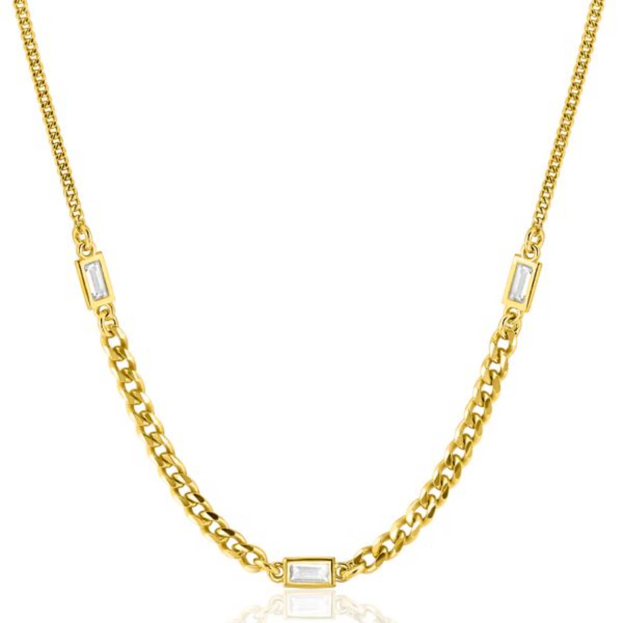 ZINZI gold plated zilveren ketting met gourmet schakels in verschillende breedtes, gecombineerd met drie rechthoekige baguette geslepen zirconia's 42-45cm ZIC2410