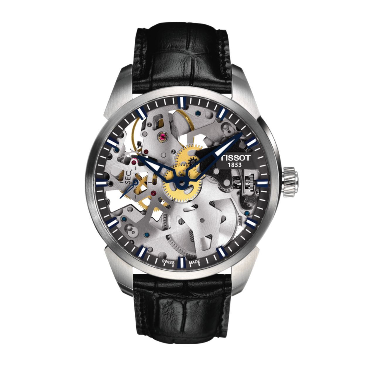 Tissot T-Complication Squelette.
In dit horloge ontmoet moderniteit nauwgezet vakmanschap door het op een wiel geïnspireerde ontwerp en een mechanische skeletachtig uurwerk dat zichtbaar is.

