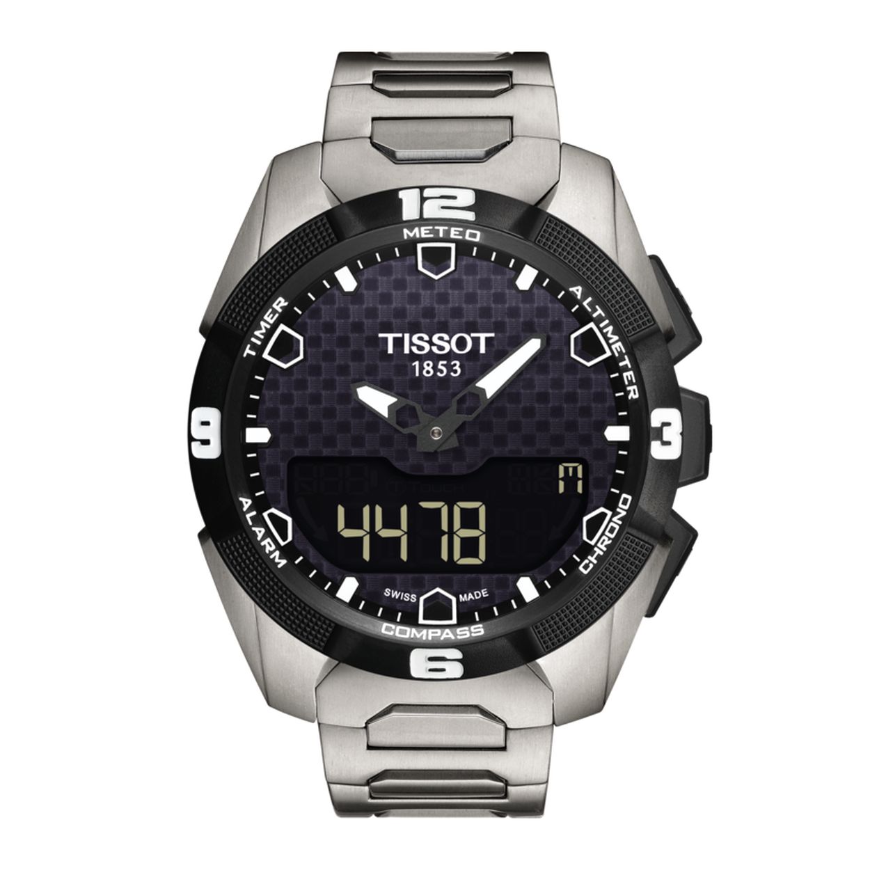 De T-Touch Expert Solar Black Dial Herenhorloge, modelnummer T0914204405100, is nikkelvrij, allergievriendelijk, en heeft een zilverkleurige titanium kast en band. Het horloge heeft een analoog-digitaal display, een datumfunctie, en is waterdicht tot 10 bar. Het beste gedragen als een stijlvol en functioneel polshorloge voor dagelijkse activiteiten.
