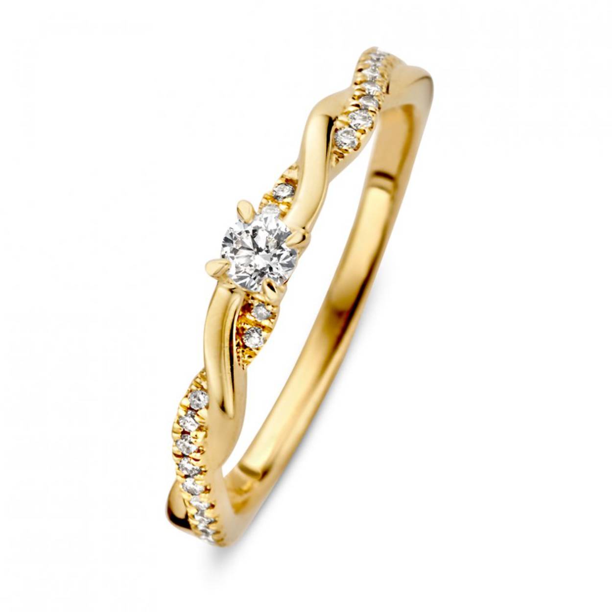 Geelgouden ring met gedraaide band en schitterende briljant  (0.22crt) geslepen middensteen. 