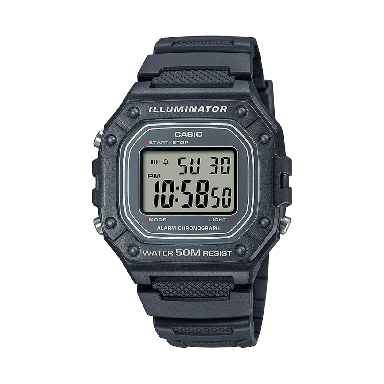 Casio digitaal uurwerk W-218H-8AVEF met grijze (antraciet) band vervaardigd uit kunsthars. De band is voorzien van een gespsluiting en de kast is afgewerkt met een acrylglas. Dit uurwerk heeft verscheidene functies zoals een dagalarm, LED lampje, stopwatchfunctie, automatische kalender...

Dit Casio horloge is 5ATM waterdicht en kan dus gedragen worden tijdens het douchen of baden.