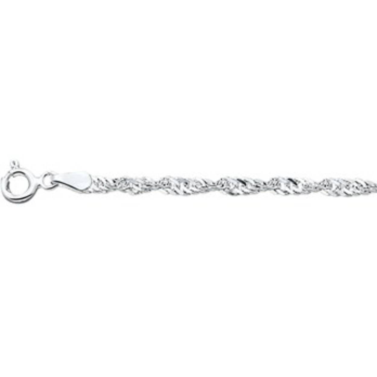 breedte (mm)2.25
materiaal: zilver gerhodineerd
schakeltype: singapore
circa metaalgewicht: (g)1.59
schakelbreedte: (mm)2.25
lengte zonder extensie: (cm)18

