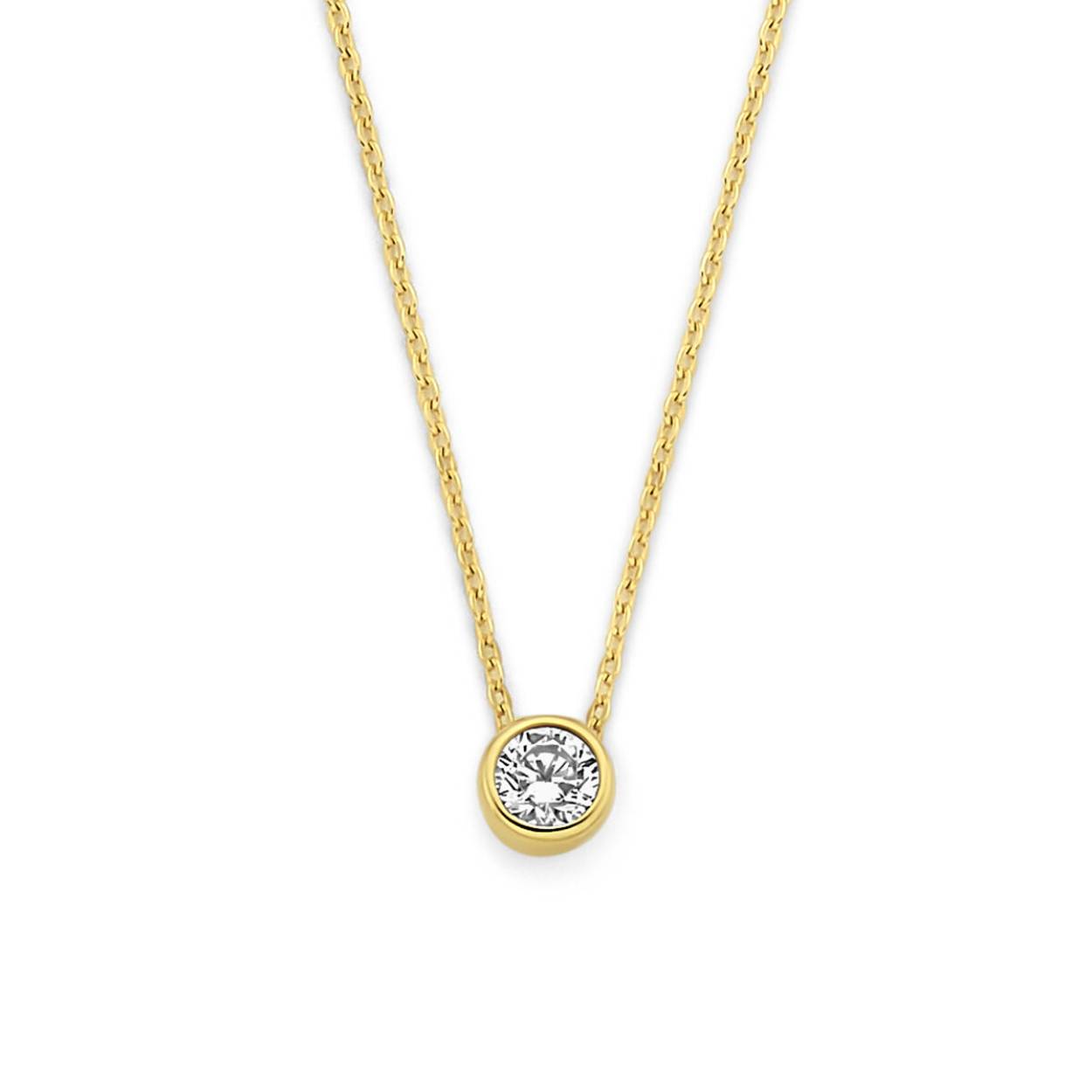 9k Geelkleurig collier met zirkonia in een zetkast met een diameter van 4.5mm. De lengte bedraagt 40-42-44cm en de schakelbreedte is 0,9 mm.

