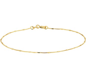 Geelgouden 0.9mm venetiaanse armband uitgevoerd met staafjes en stevige veerring sluiting. De armband is te combineren met bijpassend collier uit onze collectie.