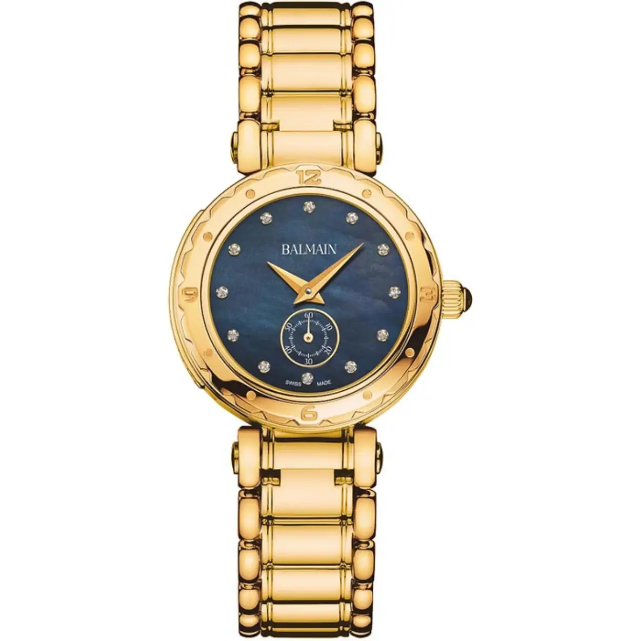 Op zoek naar een stijlvolle en elegante horloge die perfect past bij elke gelegenheid? Dan is de BALMAIN BALMAINIA LADY B45503365 het perfecte accessoire voor jou! Dit prachtige horloge heeft een tijdaanduiding in analoge vorm en wordt aangedreven door een betrouwbaar quartz uurwerk.

Met een diameter van 32 mm en een hoogte van 9 mm heeft dit horloge een subtiele en vrouwelijke uitstraling. De ronde behuizing is goudkleurig en gemaakt van hoogwaardig roestvrij staal, waardoor het horloge duurzaam en krasbestendig is.

De wijzerplaat van de BALMAIN BALMAINIA LADY B45503365 is parelmoer van kleur, wat zorgt voor een luxe uitstraling. Het glas van het horloge is gemaakt van saffier, een zeer sterk materiaal dat het horloge beschermt tegen krassen en beschadigingen.

De goudkleurige band van de BALMAIN BALMAINIA LADY B45503365 is ook gemaakt van roestvrij staal en heeft een vlinder- of vouwsluiting, waardoor het horloge comfortabel om de pols zit en gemakkelijk te verstellen is. Daarnaast is het horloge spatwaterdicht tot 3 bar, waardoor je het zonder zorgen kunt dragen tijdens dagelijkse activiteiten.

Als officieel Balmain verkooppunt kunnen wij garanderen dat de BALMAIN BALMAINIA LADY B45503365 een authentiek en kwalitatief hoogwaardig product is. Met zijn tijdloze design en luxe uitstraling is dit horloge een waardevolle toevoeging aan elke horlogecollectie. 