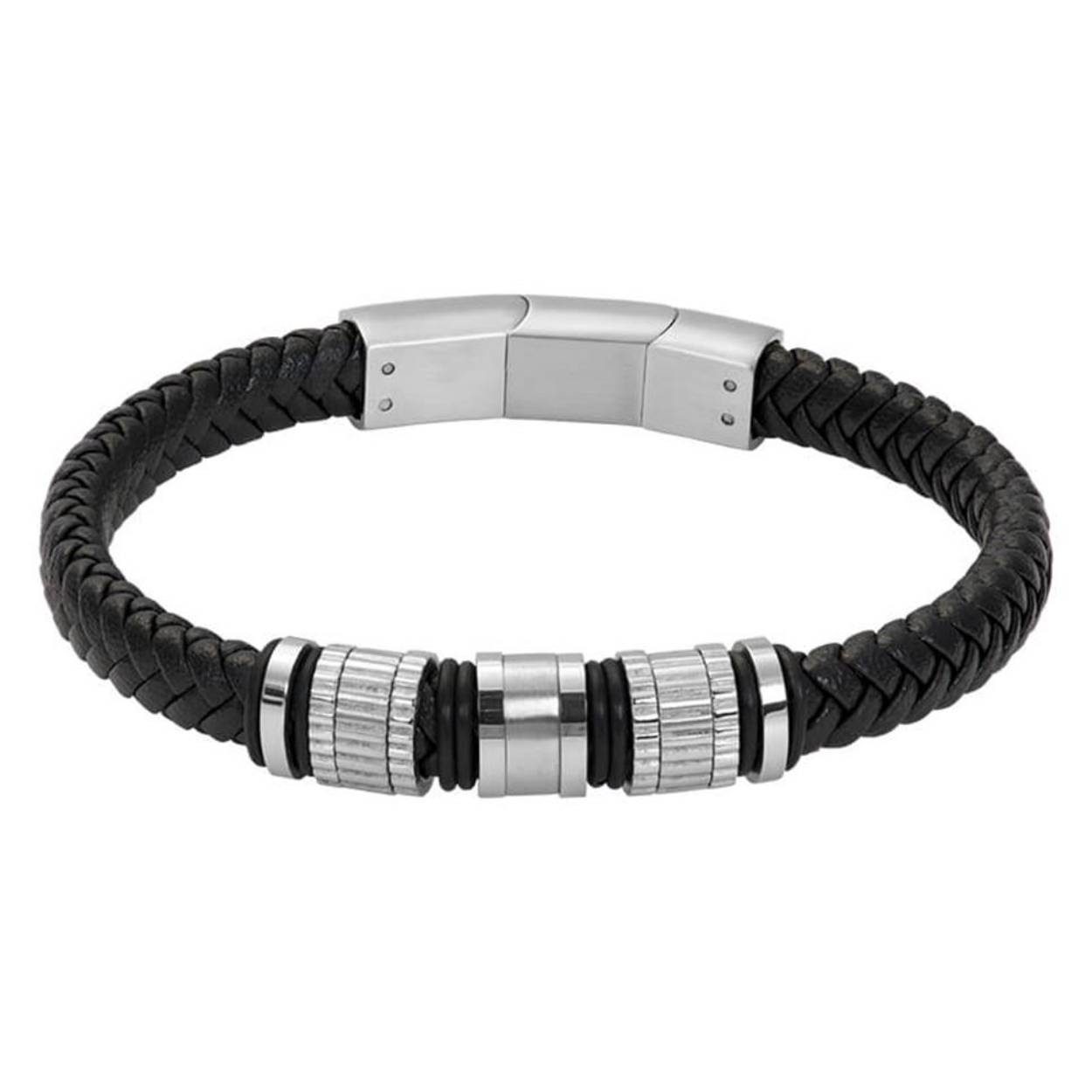 De iXXXi MEN armband Roger is gemaakt van zwart leder en heeft verschillende mat zilverkleurige stainless steel details. De bracelet bestaat uit een plat, gevlochten design en er zitten aan de bovenkant van de armband verschillende soorten en vormen details bevestigd in de kleur mat zilver. Bracelet Roger heeft een smalle, langwerpige, mat zilveren sluiting. 