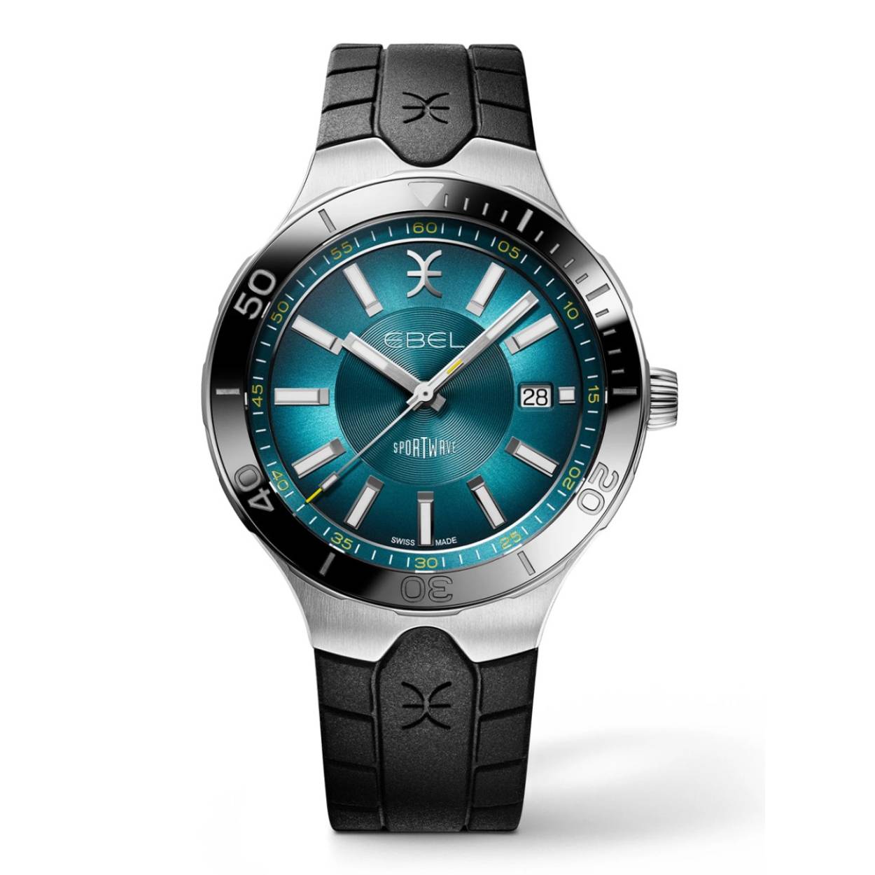 De 1216672 heeft een turquoise wijzerplaat met stalen wijzers en index. Op de wijzerplaat is naast de tijd ook een datumaanduiding te zien. De bezel van het model is ingelegd met zwart keramiek, een licht en ijzersterk materiaal. De horlogeband is vervaardigd van zwart rubber en heeft een vouwsluiting. Het automatisch uurwerk met een gangreserve van 38 uur is via de opengewerkte achterzijde te bewonderen. Het model is bovendien tot 200 meter waterdicht, wat betekent dat hij om gehouden kan worden tijdens het zwemmen of douchen. Op dit Ebel horloge geldt een fabrieksgarantie van drie jaar.