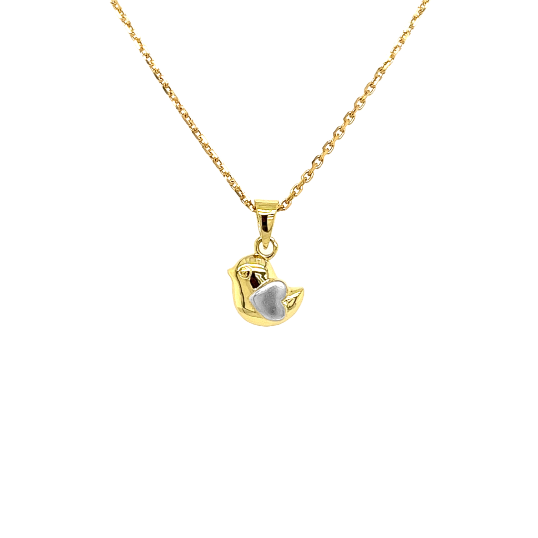 Deze bicolor gouden hanger/ bedel is erg lief. Het babyeendje is geelgoud van kleur en het hartje is witgoud van kleur en gematteerd.

Note: het kettinkje hoort niet bij de hanger, deze is enkel gebruikt voor de foto.