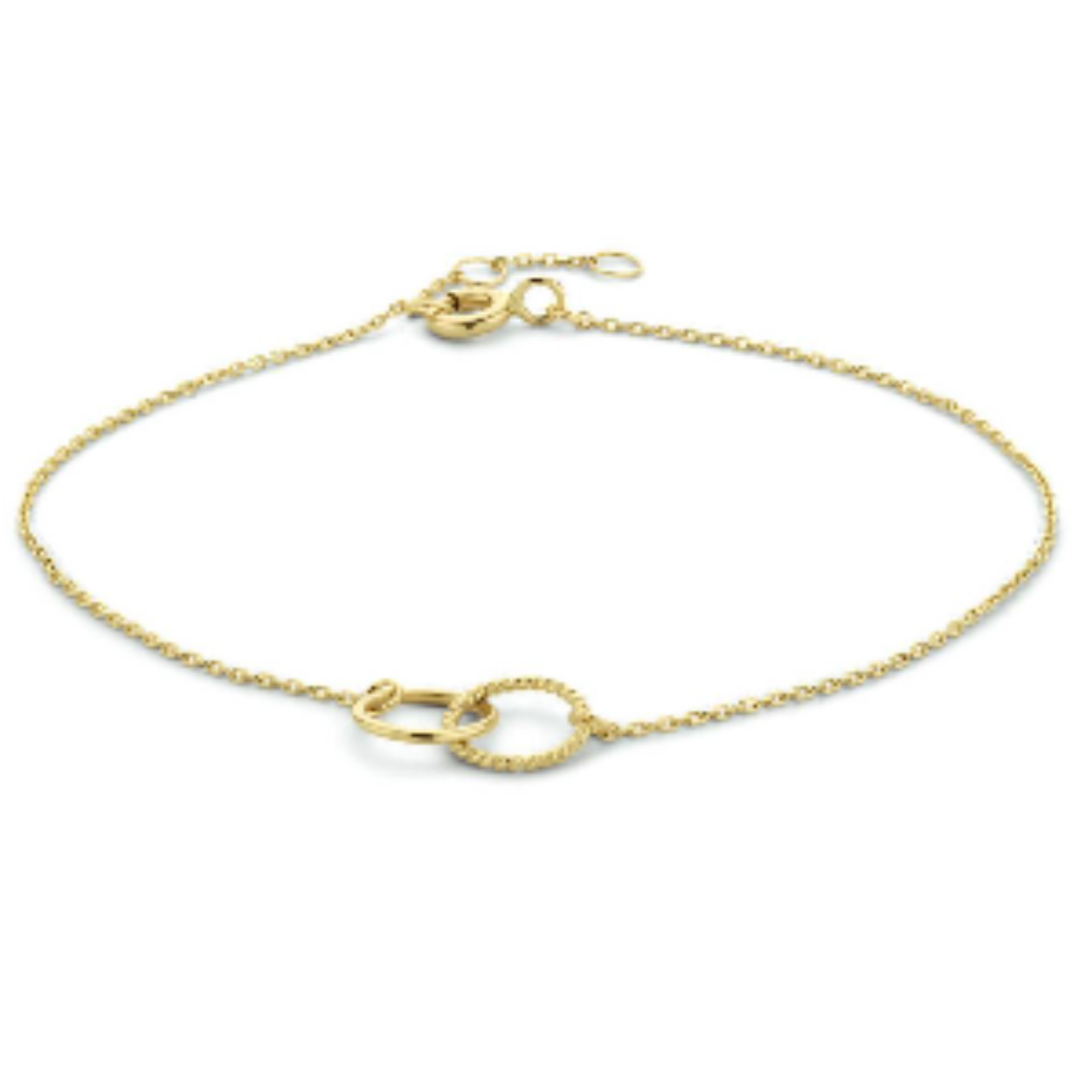 14k Geelgouden armband uitgevoerd met twee rondjes met een diameter van 7.5 mm. De armband heeft draaglengtes van 16.5, 17.5 en 18.5cm.