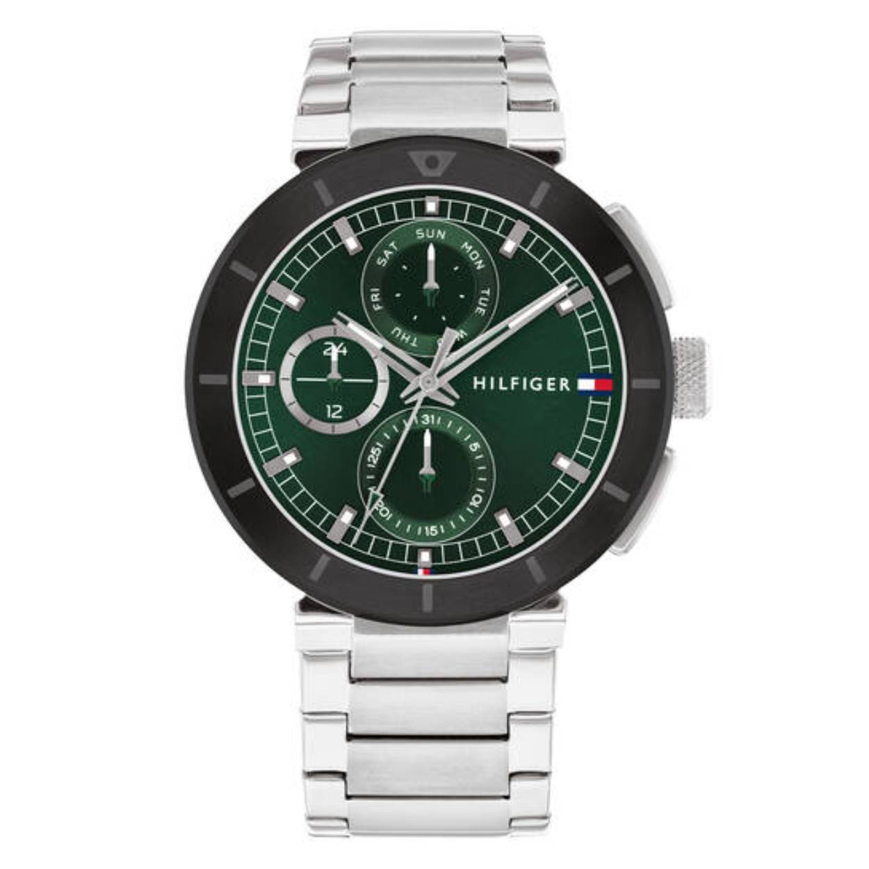 Tommy Hilfiger TH1792117 Horloge Heren Staal Zilverkleurig 44mm
Dit specifieke horloge van Tommy Hilfiger uit de Lorenzo serie met artikelnr: TH1792117 is een luxe herenhorloge die niet in je collectie mag ontbreken. Het stalen herenhorloge heeft een ronde zilverkleurige kast met een bewerkte zwarte bezel en een groene sunray wijzerplaat met dag,- datum, en 24-uursaanduiding. De uren worden weergegeven met lumibrite. De zilverkleurige schakelband is met een speciale aanzet aan de kast bevestigd, is op lengte verstelbaar en heeft een vouwsluiting. Het horloge heeft een mineraalglas, een doorsnee van 44mm en is 5ATM.  

Het merk:
Sinds de lancering van het merk in 1985 is Tommy Hilfiger wereldwijd bekend geworden als pionier van de klassieke Amerikaanse coole stijl. Geïnspireerd door de iconische popcultuur en het Amerikaanse erfgoed. De dames en herencollectie van dit seizoen bestaan uit minimalistische silhouetten en rustieke lederen details. De herenhorlogecollectie biedt iconische uurwerken met roestvrijstalen, lederen en siliconen banden.

Specificaties:
- Mineraalglas
- Ronde kast 44mm
- Zilverkleurige horlogekast
- Groene wijzerplaat 
- Zilverkleurige schakelband 
- 5ATM