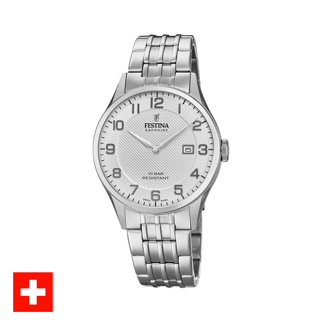 Herenuurwerk van Festina uit de 'Swiss made' collectie
Zilverkleurige band en kast in edelstaal
Zilverkleurige wijzerplaat met duidelijke cijfers en datumaanduiding
Saffierglas
Waterdichtheid: 10 ATM