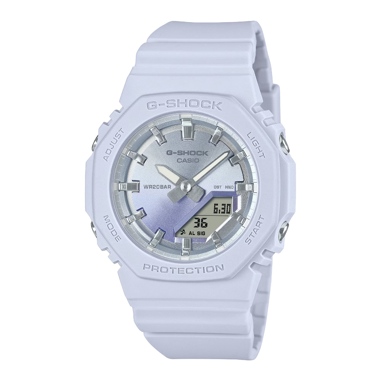 Geniet van de kleur van zonsondergang in een horloge want dit model is hierop geinspireerd 

De glinstering van de zon die aan het einde van een mooie zomerdag boven het water ondergaat, wordt gecreëerd door het gebruik van dampafzetting in een glanzend verloop van nieuwe kleuren op de wijzerplaat.

We zijn begonnen met de GMA-P2100, een nog compactere versie van de populaire digitaal-analoge combinatie GMA-S2100. Hiervan hebben we het bandje ingekort zodat het beter om een dunnere pols past. We hebben de originele inzetwijzerplaat op de 9-uurpositie weggelaten voor een gestroomlijnde, minimalistische look. De gesp en knoppen aan de zijkant zijn van roestvrij staal voor een vleugje luxe.

De belangrijkste harsonderdelen die zijn toegepast in de rand en de band zijn gemaakt met harsen van met een biologische oorsprong. Het gebruik van hernieuwbare biologische materialen draagt bij aan het verminderen van de impact op het milieu.

Nieuwe kleurencombinaties geven je pols en garderobe de flair van een luxueus resort, terwijl de duurzame materialen de schoonheid van het strand uitdrukken.