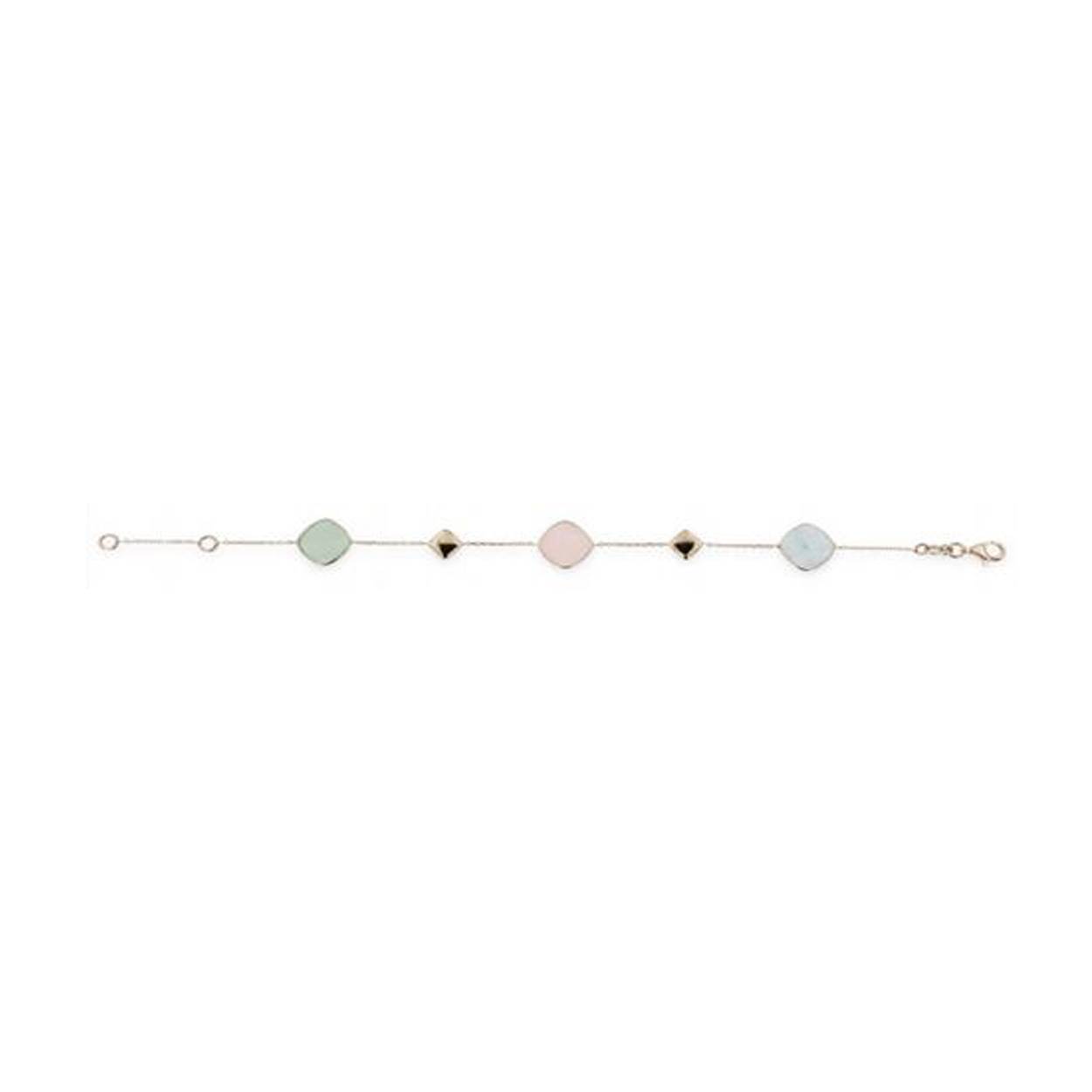 Geelgouden armband met drie soorten edelstenen. Aventurijn, opaal en aquamarijn in ruitvorm.