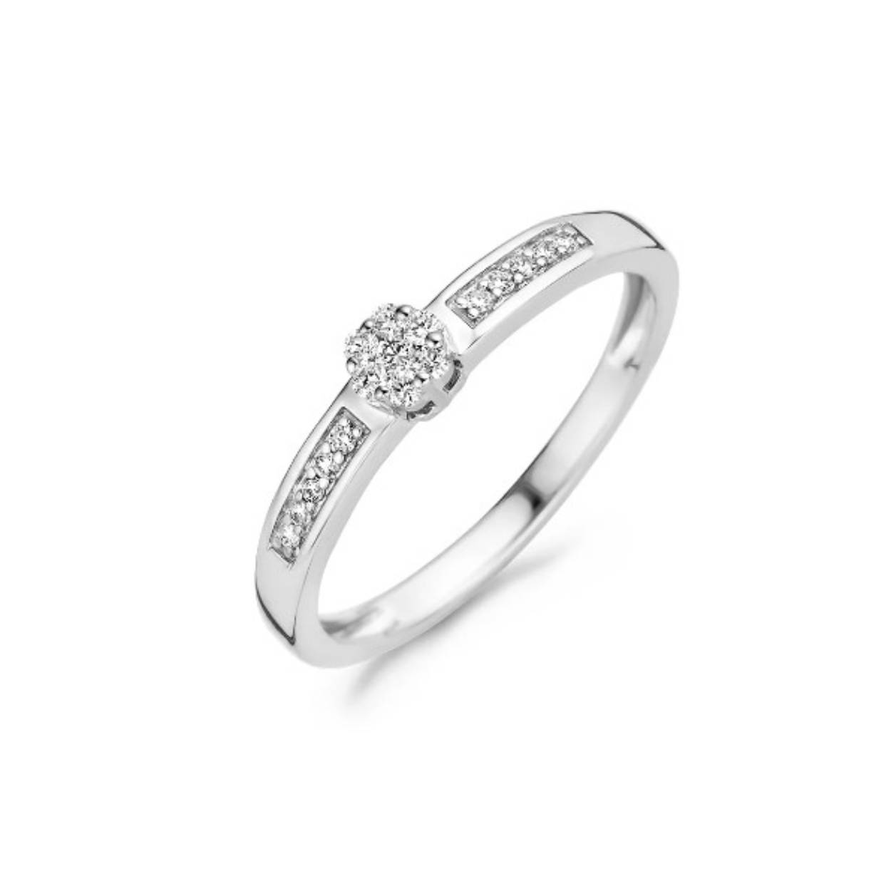 Briljant geslepen diamanten sieren deze ring van 14k witgoud. De grote diamant in heeft een karaatgewicht van 0,12, de kleine diamanten zijn gezet in de band van de ring die een doorsnee heeft van 2,4 mm. Prachtig op zichzelf of samen met andere ringen uit onze collectie. 