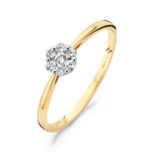 Prachtige geelgouden entourage ring met 0,15 ct briljant in een witgouden zetting. Maat 56.