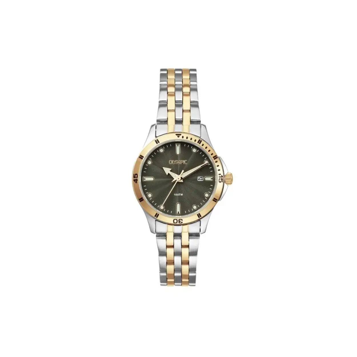 Olympic OL72DSS113B Quinn Horloge Staal 28mm 
Dit unieke Olympic horloge met artikelnummer: OL72DSS113B is een dameshorloge met een classic sportieve uitstraling. Het horloge heeft een ronde stalen kast met een goudkleurige bezel, een groene wijzerplaat met een datum, witte strepen en stippen ingelegd met lumibrite. Aan de kast zit een stalen bicolor schakelband met vouwsluiting. Het horloge heeft een mineraalglas, een doorsnee van 28mm en is 10ATM.

Het merk:
Een mooi horloge hoeft niet duur te zijn! Het Nederlandse horlogemerk Olympic levert stoere chronografen, slimline series, digitale uurwerken en elegante dameshorloges. De prijs-kwaliteitverhouding staat bij Olympic hoog in het vaandel met prijzen die uiteenlopen van € 34,95 tot en met € 159,00.

100% Nederlands ontwerp, waterdicht en standaard 3 jaar fabrieksgarantie.

Specificaties:
- Ronde kast Ø 28mm
- Stalen horlogekast
- Groene wijzerplaat
- Stalen schakelband
- 10ATM 
- Standaard 3 jaar fabrieksgarantie
- Mineraalglas