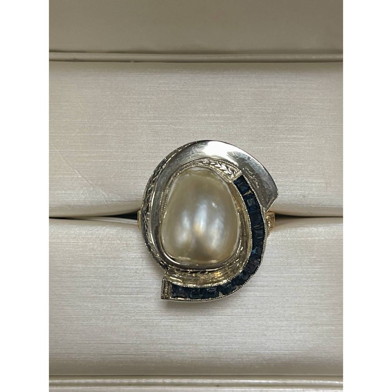 VINTAGE 14 krt gouden ring parel en saffier
