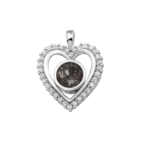 Zilveren hart hanger gezet met zirkonia’s. Dit sieraad wordt zichtbaar aan de voorkant gevuld met as of haar en wordt vermengd met onze speciale hars. U kunt helaas dit niet zelf vullen.
