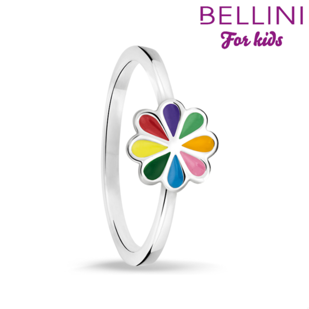 Bellini zilveren ring in de vorm van een bloem. De bloem heeft diverse kleuren, geel, rood, oranje, paars, licht groen, oranje, roze, licht blauw en groen. De ring is in meerdere maten te leveren. Draag de ring met de bijpassende oorstekers en hanger. Alle Bellini kindersieraden worden geleverd in het bijbehorende roze sieraden buideltje en zijn een perfect cadeau voor een verjaardag, zwemdiploma, communie of andere feestelijke gelegenheid. Bellini for kids is een sieradenlijn welke speciaal voor de jonge meisjes is ontworpen. De gehele Bellini collectie is gemaakt van het eerste gehalte zilver (925) en voorzien van zirkonia's of vrolijk gekleurd emaille.