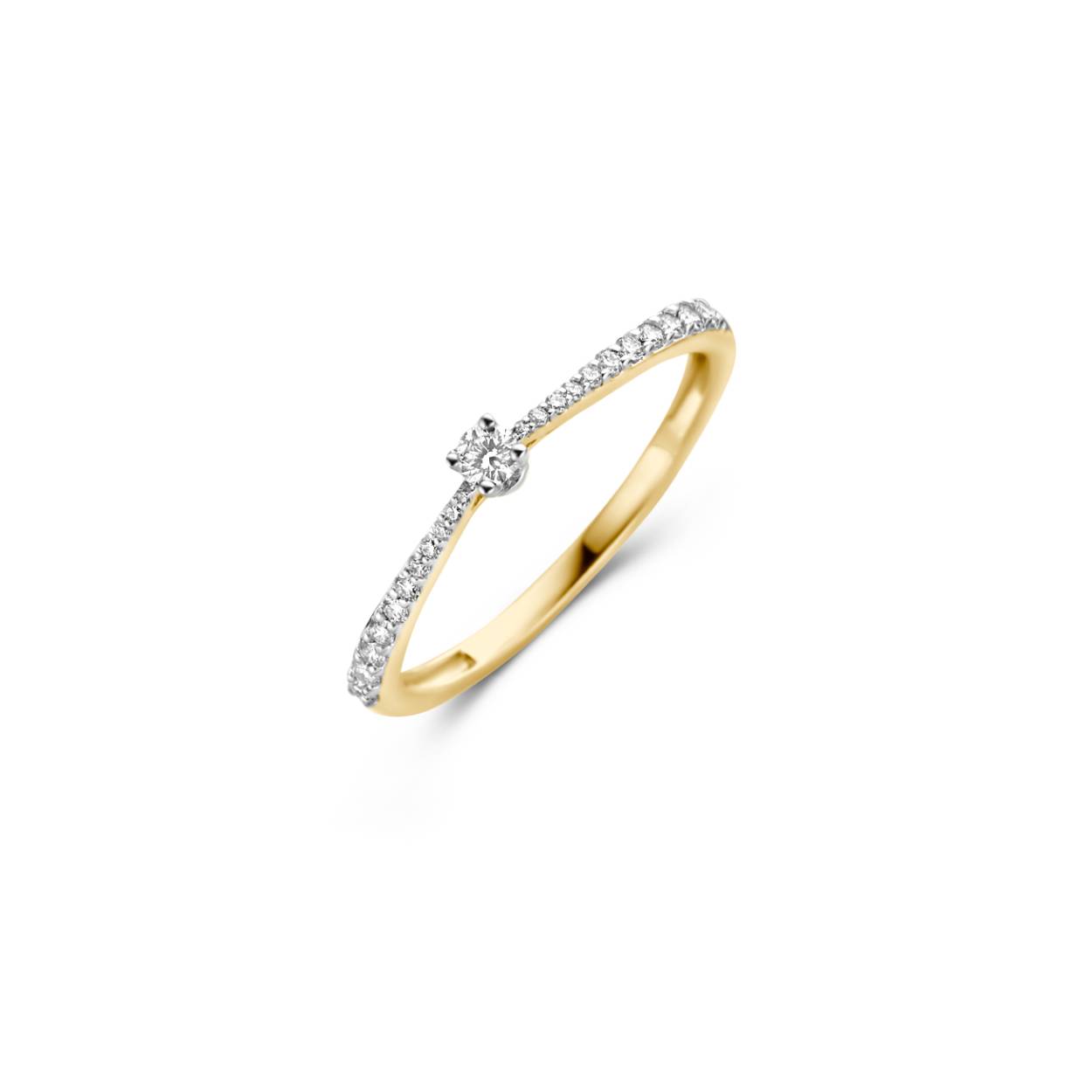 Geelgouden solitair ring met diamant in de scheen.