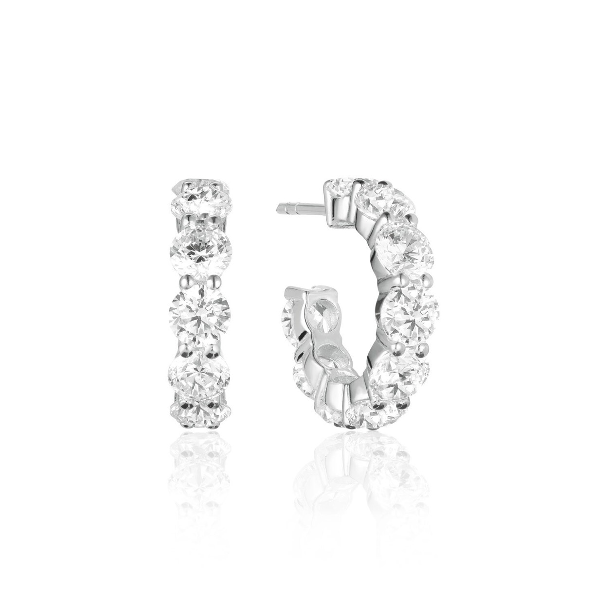 Earrings made of 925 Sterling silver with rhodium, polished surface with facet cut white zirconia.

Earrings measurements: Diameter 18 mm, width 4,5 mm, thickness 3,3 mm

SJ-E42115-CZ-SS