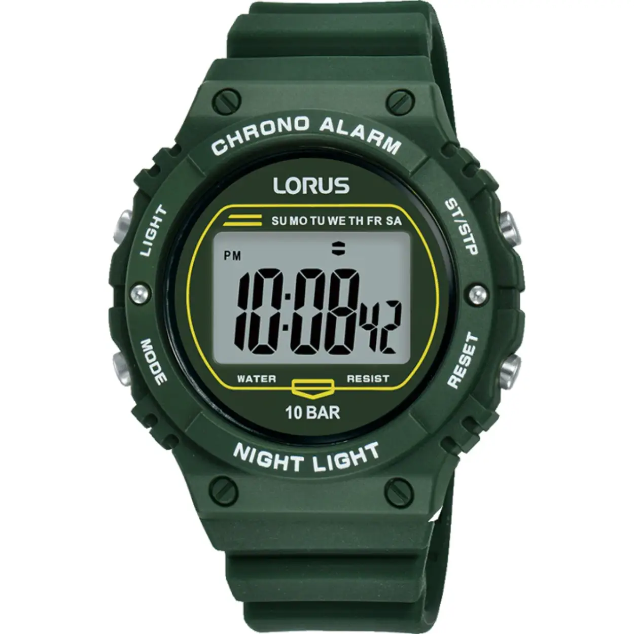 Dit is een herenhorloge van het merk Lorus. Het is een digitaal horloge gemaakt van kunststof. De diameter van de kast is 40 mm en de kast is 12 mm dik.
