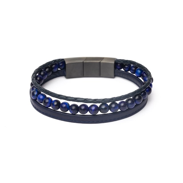 De Triple Blue armband wordt gemaakt met echt Italiaans nappaleer en elegante 6mm Tijgeroog natuursteen, afkomstig uit Zuid-Afrika.

Tijgeroog wordt ook wel 'de steen der Krijgers' genoemd. Het is een krachtige steen die je beschermt tegen negatieve invloeden. Hij zou je extra moed, kracht en doorzettingsvermogen geven.