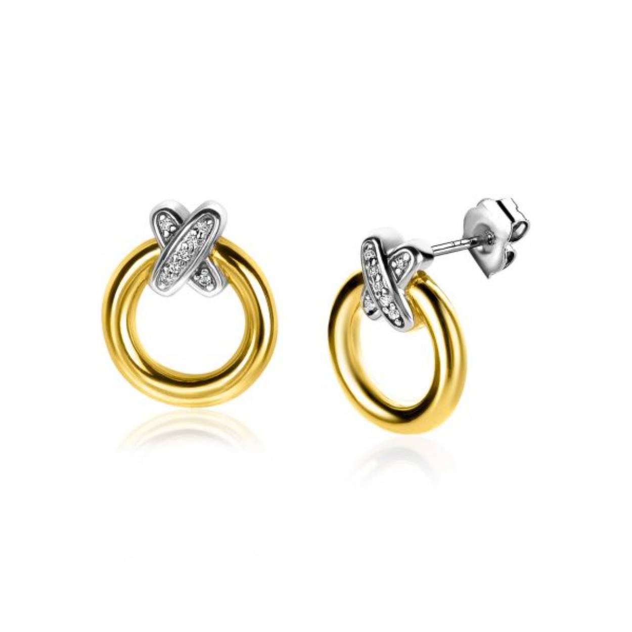 ZINZI zilveren bicolor oorstekers (13x11mm) met een extra 14K geel vergulde cirkel en zilveren kruisvorm, bezet met witte zirconia's. Deze tijdloze oorsieraden maken elke outfit compleet en laten zich bovendien prachtig combineren! Maak het helemaal af met de bijbehorende ring, armband en collier. Vervaardigd van eerste gehalte zilver (925) en extra 14K geel verguld.