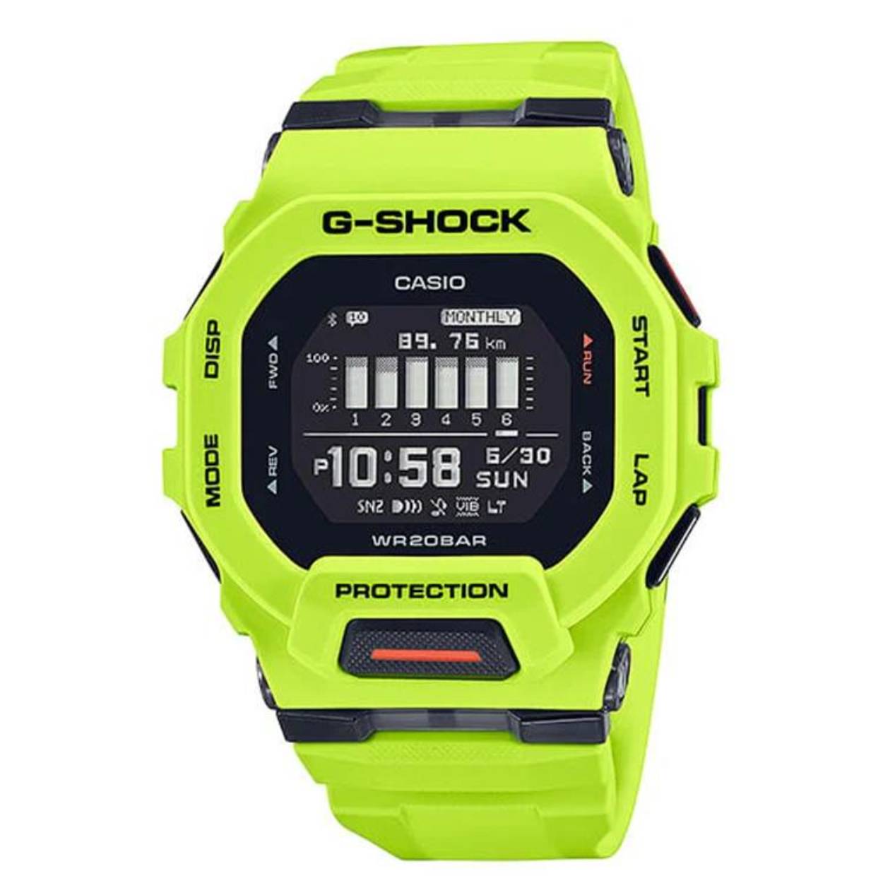 Casio G-Shock G-Squad GBD-200-9ER | Dit is het eerste G-SQUAD model met een vierkante behuizing. Een fitnesshorloge met accelerometer voor stappentelling. Net als bij de GBD-100 kan de nauwkeurigheid van de stappenteller worden verbeterd door het horloge te gebruiken terwijl het is aangesloten op een met GPS uitgeruste smartphone.