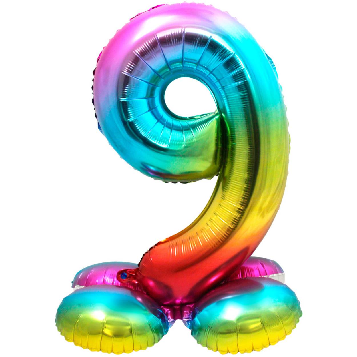 Staande Folieballon Cijfer 9 Regenboog - 81 cm. Inhoud: 1 folieballon. Kleur: Meerkleurig. Bijvoorbeeld te gebruiken tijdens de volgende feestgelegenheid/feestgelegenheden: Verjaardag, Kinderfeestje en Jubileum. Deze folieballon is 32 inch/81 cm en kan gevuld worden met lucht (geen helium nodig). Het artikel is gemaakt van folie.