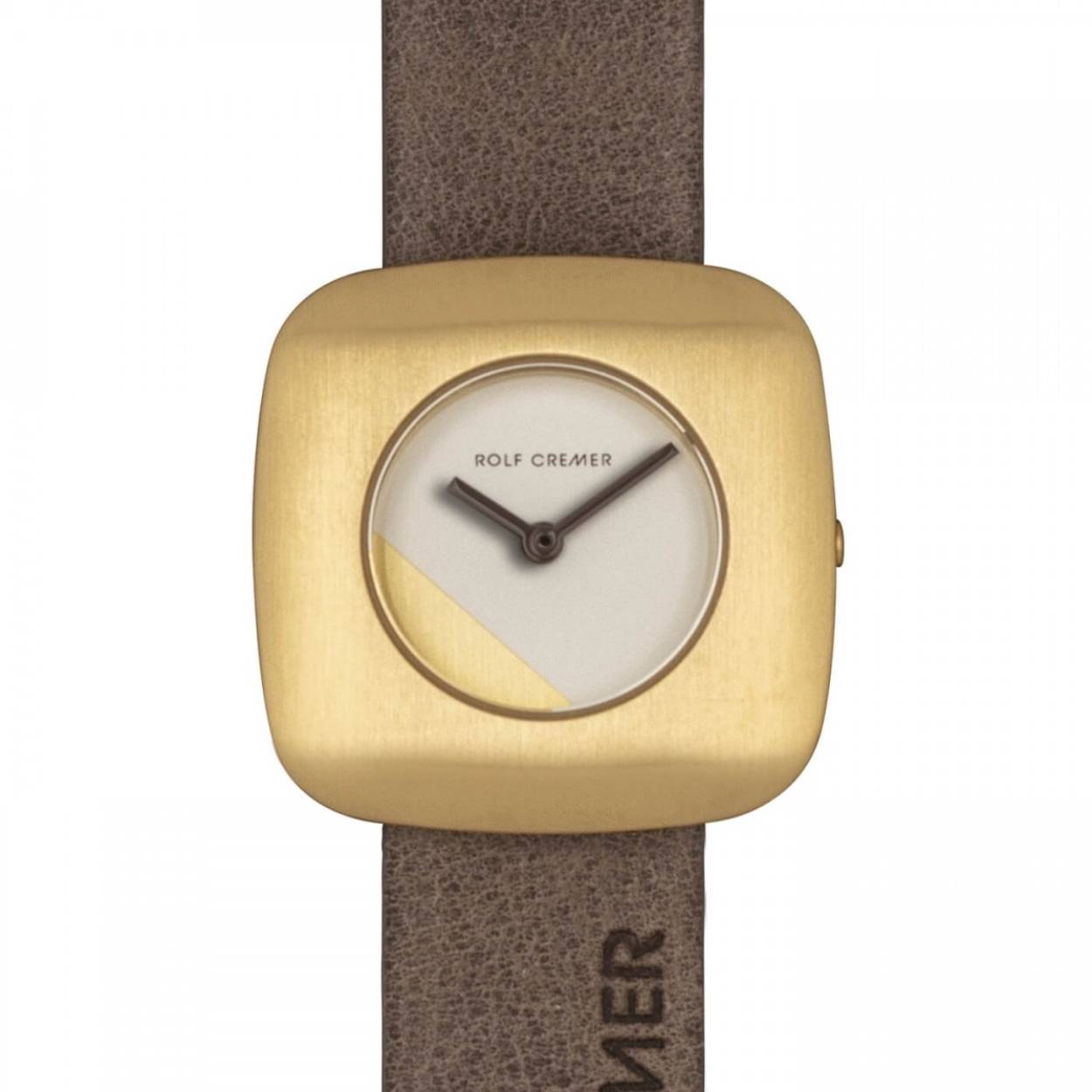 Rolf Cremer horloge met goudkleurige kast en op de wijzerplaat een goudkleurige hoek. HEt model komt uit de Edge-serie