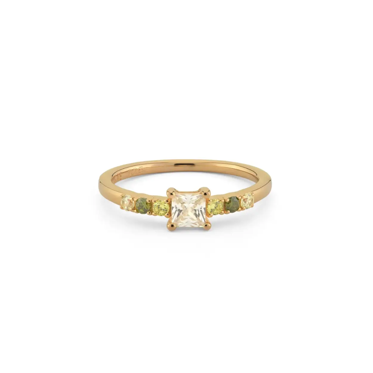 This classic ring has pastel green colored stones with a square stone in the middle. Combine the ring with one of our other rings for the perfect ring stack! All 24Kae jewelry is designed by Kae Sutherland with love and eye for detail. So don't forget to treat them with love too. Each ring is characterized by its authenticity through a 24Kae engraving.

Details
- Thickness band: 1,5 mm
- Stone sizes: big stone: 4 mm, small stones: 2 mm