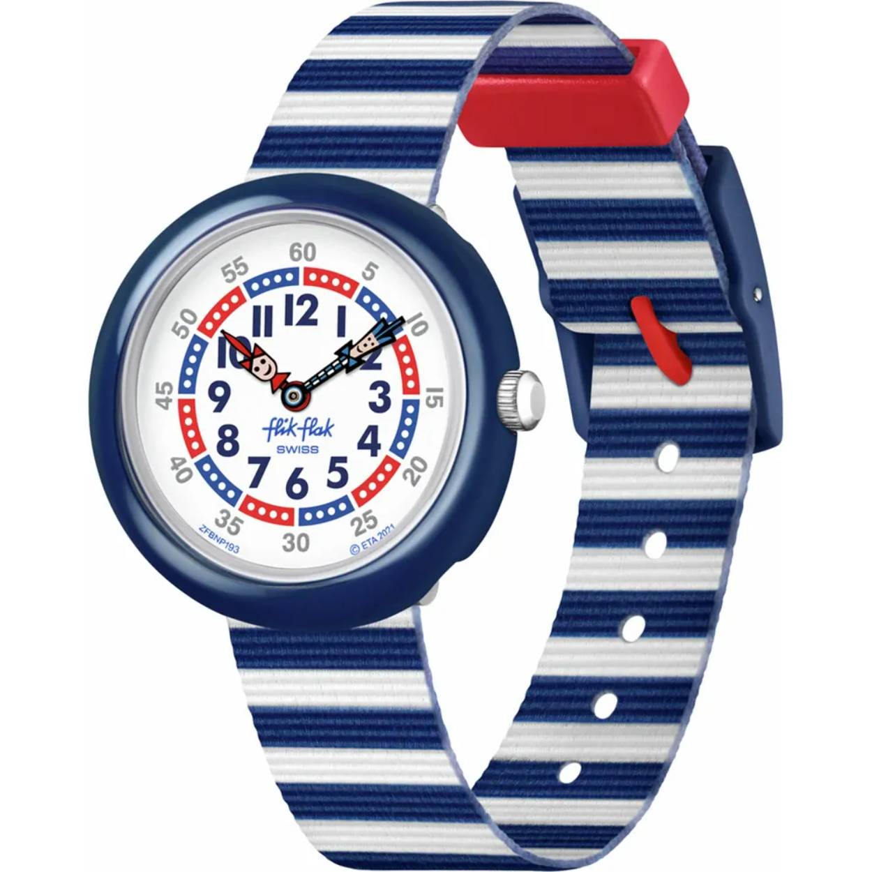 Dit Flik Flak horloge heeft een kunststof kast met een diameter van 30 mm en is voorzien van een textiel band. In de kast bevindt zich een ETA kwaliteitsuurwerk en is afgewerkt met Plexiglas.

Het horloge is 3ATM. Dit betekent dat het horloge spatwaterdicht is.. Verder wordt het horloge geleverd met 2 jaar garantie.
