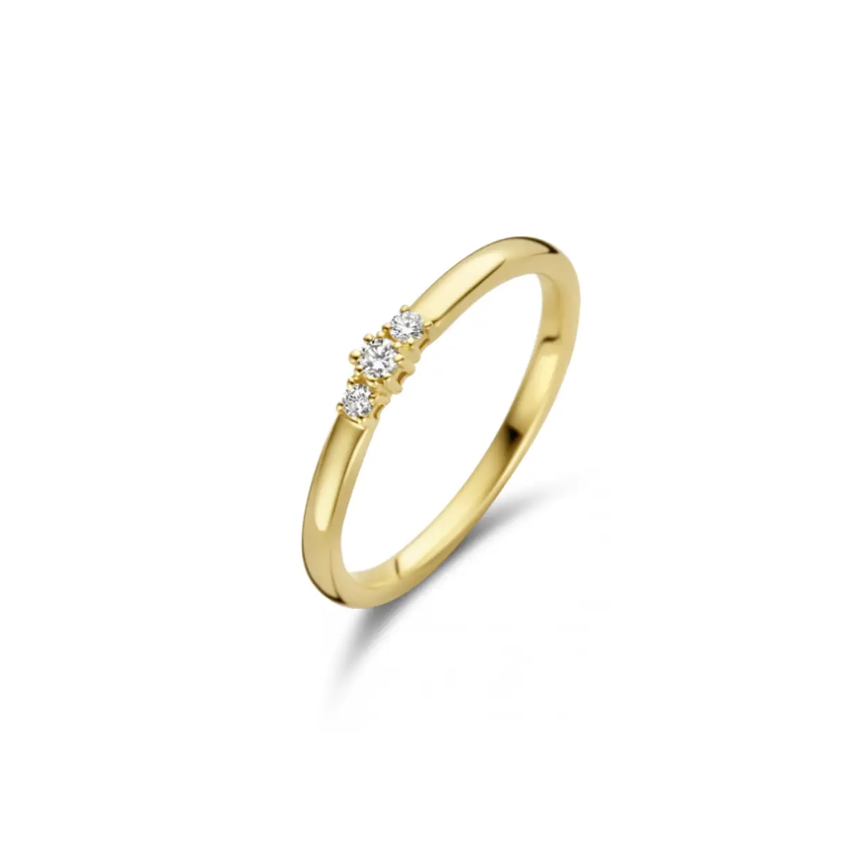 Ring Sydney met 3 briljant geslepen diamanten van totaal 0.08 crt. H/Si, is uitgevoerd in 14 karaats geelgoud. 