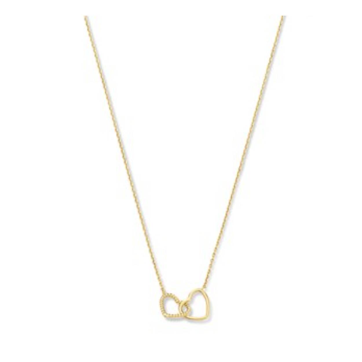 14krt Geelgouden collier uitgevoerd met twee hartjes. Het collier heeft draaglengtes van 40, 42 en 44cm. De hartjes hebben beide een afmeting van 7x8mm.