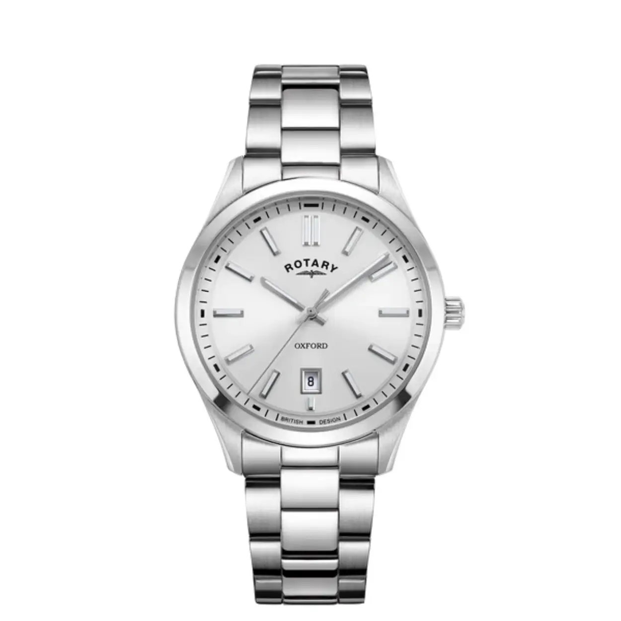 Dit Rotary horloge, uit de Contemporary collectie, heeft een stalen band en kast met mat/glans afwerking. De wijzerplaat is sunray wit met wit met zilverkleurige indexen en wijzers. Het horloge is voorzien van een saffierglas en is 5atm waterdicht