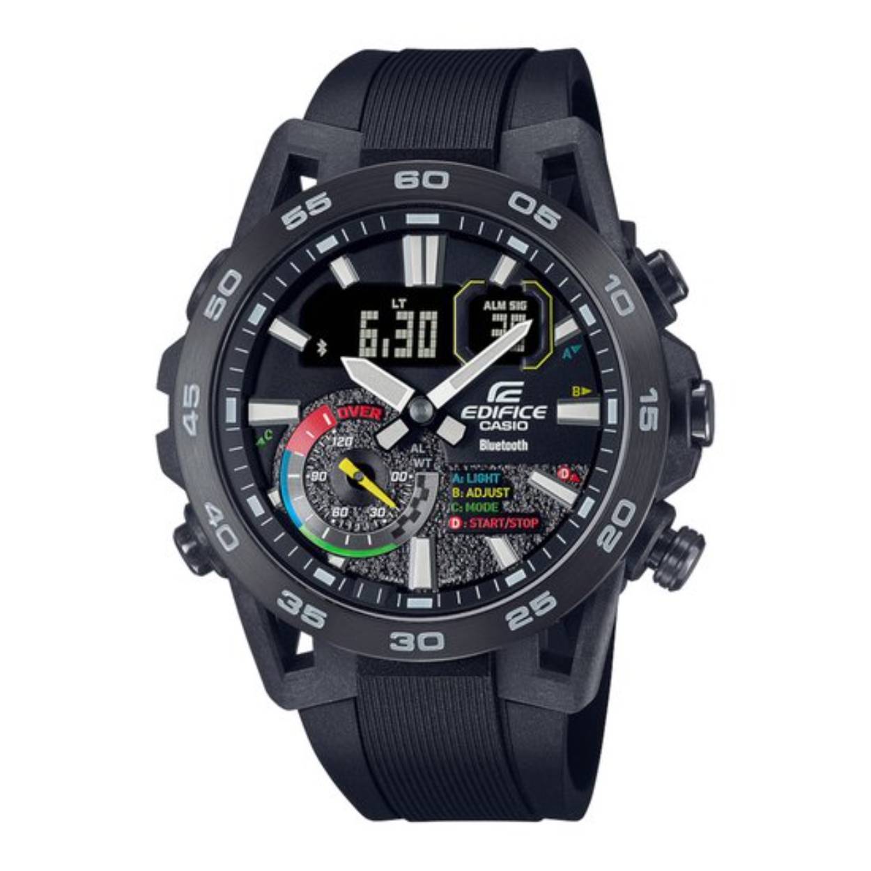 Maak kennis het beste motorsporthorloge. De EDIFICE SUSPENSIONE ECB-40 heeft het allemaal; vorm, functionaliteit en verfijning. Het horloge beschikt over een horlogekast van met koolstofvezel versterkt hars en Smartphone Link. Het unieke ontwerp van de kast is geïnspireerd op de wielophanging van racewagens, met vier draagarmen in een dubbele gevorkte ophanging, twee boven en twee onder. Met koolstofvezel versterkte hars zorgt voor een lichte, maar toch sterke kast. Dankzij Smartphone Link maakt dit bijzondere uurwerk automatisch verbinding wanneer het binnen het bereik van een gekoppelde smartphone komt. Gebruik de speciale app voor toegang tot de functies die zo belangrijk zijn voor raceteams, zoals automatische nauwkeurige tijdregistratie, moeiteloos beheer van de wereldtijd en het overzetten naar je smartphone van de stopwatchgegevens van tot wel 200 rondetijden die op de milliseconde zijn gemeten. Het dubbele ledlicht met hoge lichtsterkte van de Super Illuminator verlicht het digitaal-analoge display, zodat het zelfs in het donker goed leesbaar is.