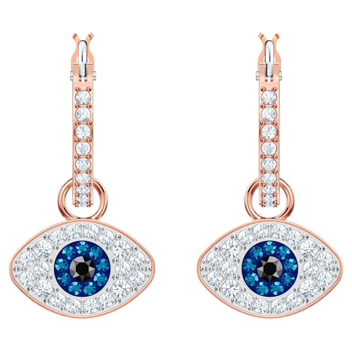Laat zien hoe modebewust je bent met deze veelzijdige ringoorbellen met roségoudkleurige toplaag. Een variant op het klassieke boze-oogsymbool, met de beschermende talisman versierd in helder, blauw en zwart pavé. De oogmotieven hangen aan klassieke helder pavé-ringen en eraf gehaald worden zodat je het op verschillende manieren kan dragen. Dit ontwerp voegt gegarandeerd een dosis coole en romantische glamour aan zelfs de meest casual outfit toe.
