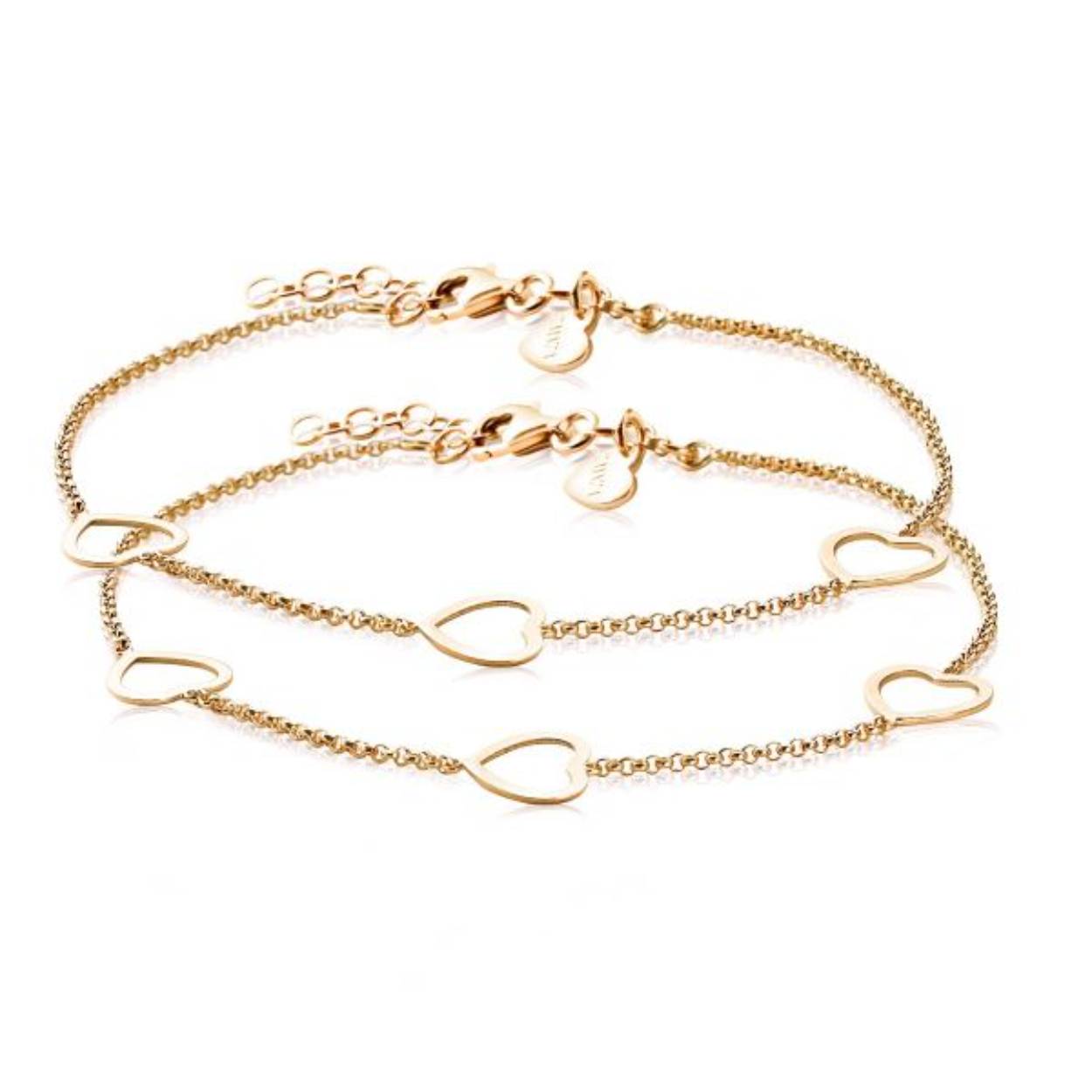 ZINZI set van 2 zilveren armbanden geel verguld met fantasie schakels gecombineerd met drie open harten. Met herkenbaar ZINZI hartje bij de sluiting. De lengte is te variëren tussen 17 en 20cm. Vervaardigd van eerste gehalte zilver (925) en met extra rodiumlaag voor een langdurige glans. Ook leuk in combinatie met andere zilveren armbandjes!
