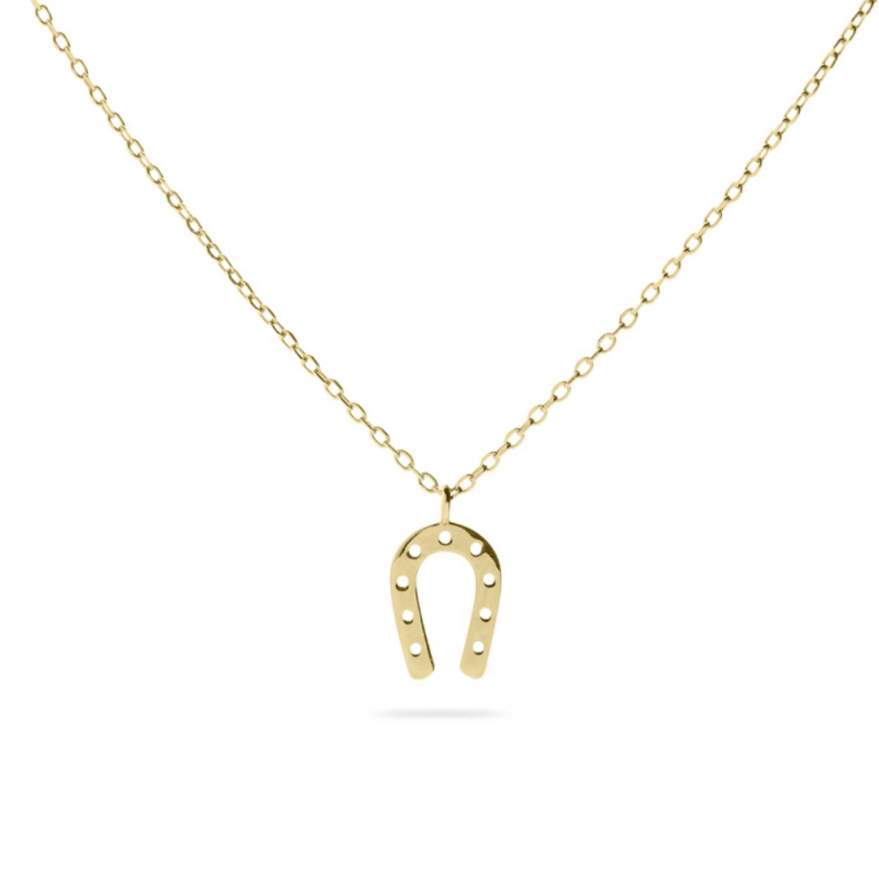 GISSER COLLIER VAN 14 KARAATS GOUD MET EEN HOEFIJZER.
COLLIER IS IN LENGTE TE VERSTELLEN VAN 42CM + 3CM.