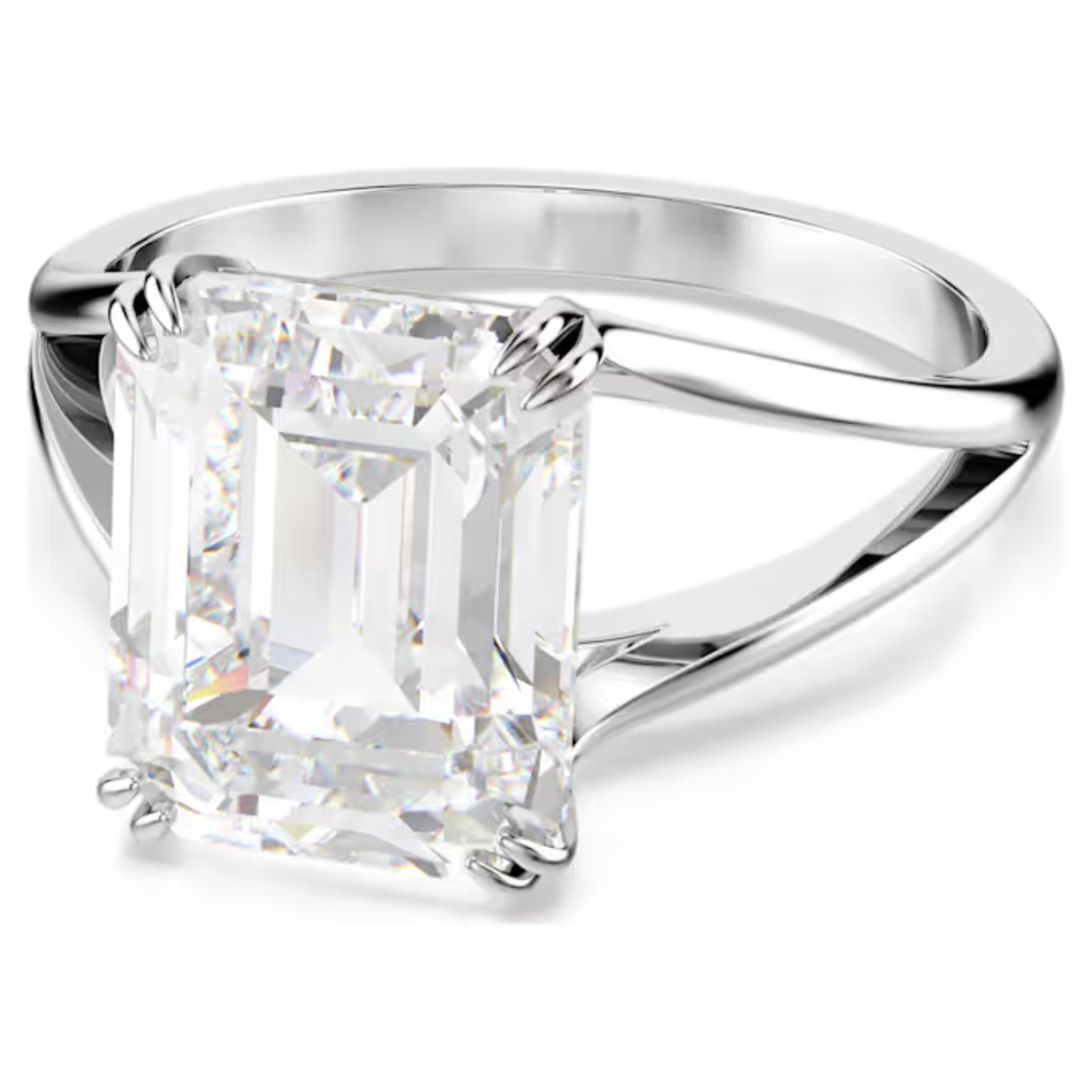 Voeg een vleugje extra glamour toe met deze oogverblindende cocktailring. Het ontwerp met rhodium toplaag bestaat uit een gespleten band met in het midden een Swarovski Zirkonia in Octagon-slijpvorm in een verfijnde dubbele klauwzetting. Een pronkstuk dat fantastisch schittert.

