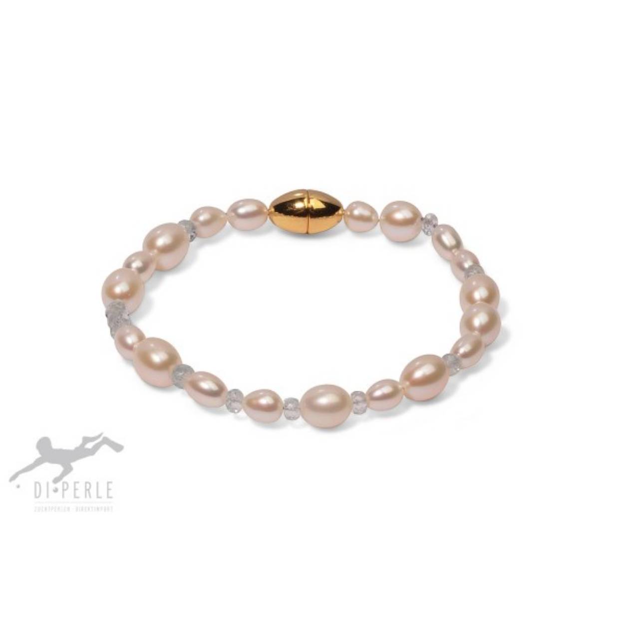 armband met ovale zoetwater parel en aquamarijn, met een zilveren verguld slot op 19 cm lengte