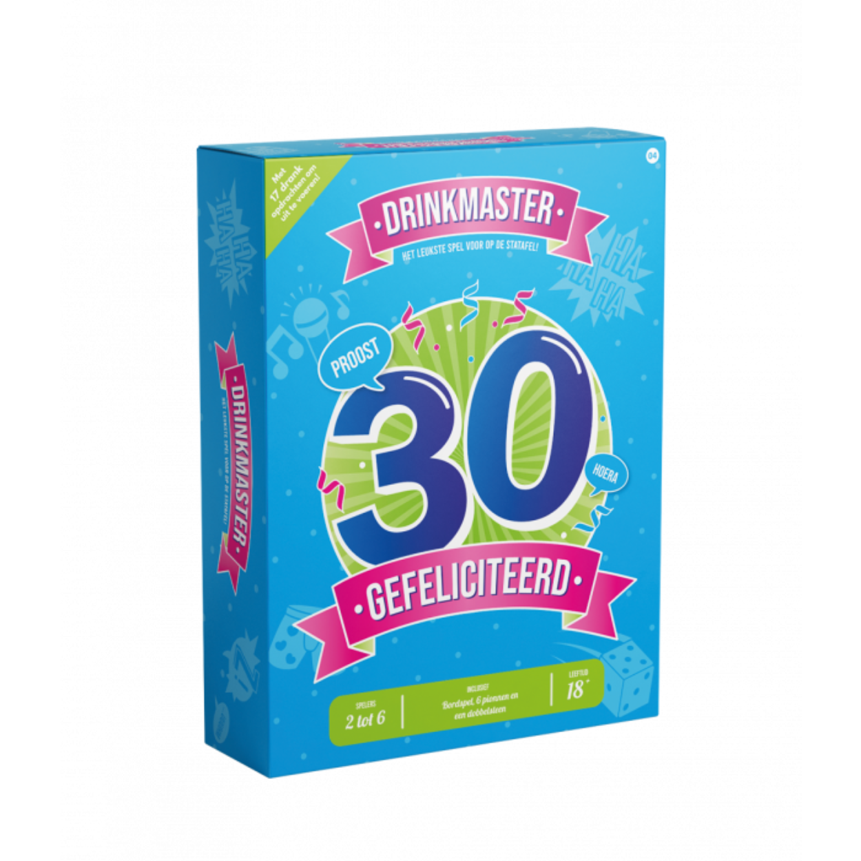Dit Drinkmaster spel is het ideale spel op het feestje van iemand die zijn of haar 18e verjaardag viert. Leg het Drinkmaster 18 spel op een statafel (of ronde tafel) en je weet zeker dat het een gezellig feestje gaat worden. De dobbelstenen en pionnen zijn inbegrepen en op het speelbord zijn de spelregels en de grappige opdrachten te vinden. Het spel heeft een diameter van 82,5 centimeter. 