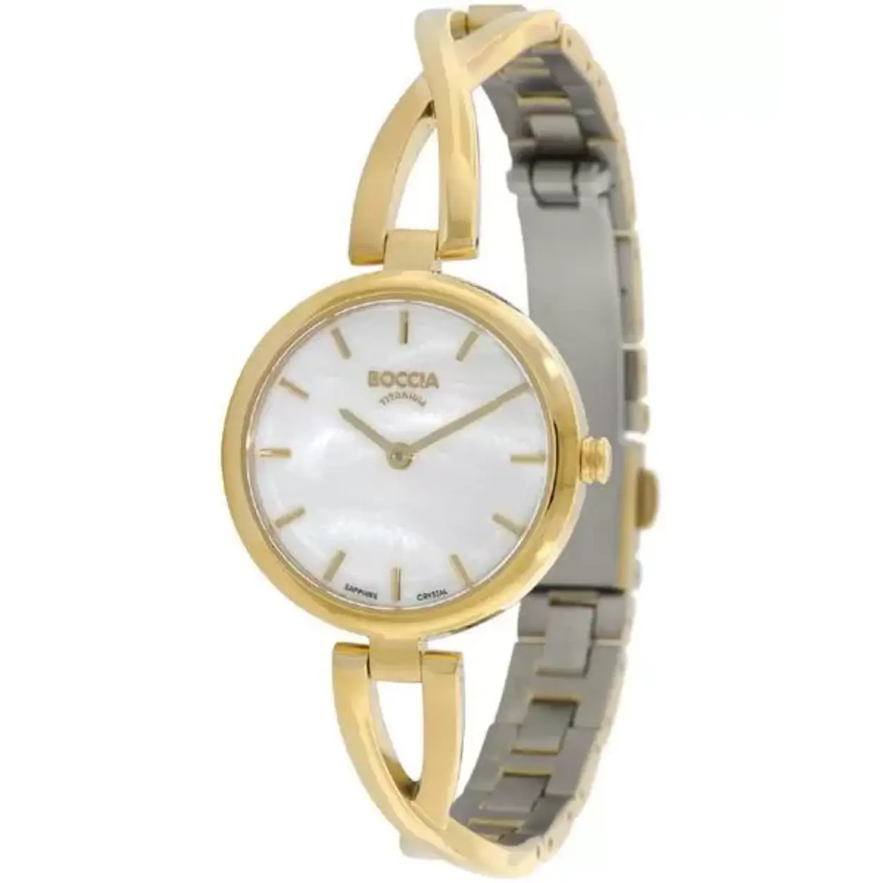 Dit Boccia Titanium dameshorloge heeft een goudkleurige titanium kast. Het horloge heeft een kastdiameter van 28 mm en krasvast saffierglas. 
Boccia Titanium: de specialist in het edelmetaal titanium horloges en sieraden van puur (99,7%) titanium. Titanium heeft een hoog draagcomfort: het is licht in gewicht, huidvriendelijk en neemt de temperatuur van de huid snel aan.